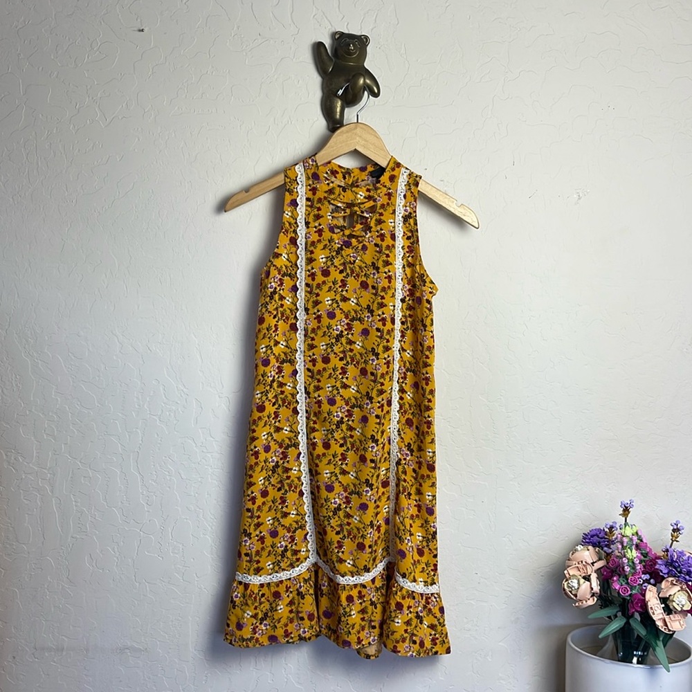 Art Class dress girls size L 10/12 long sleeveless yellow flowered printed